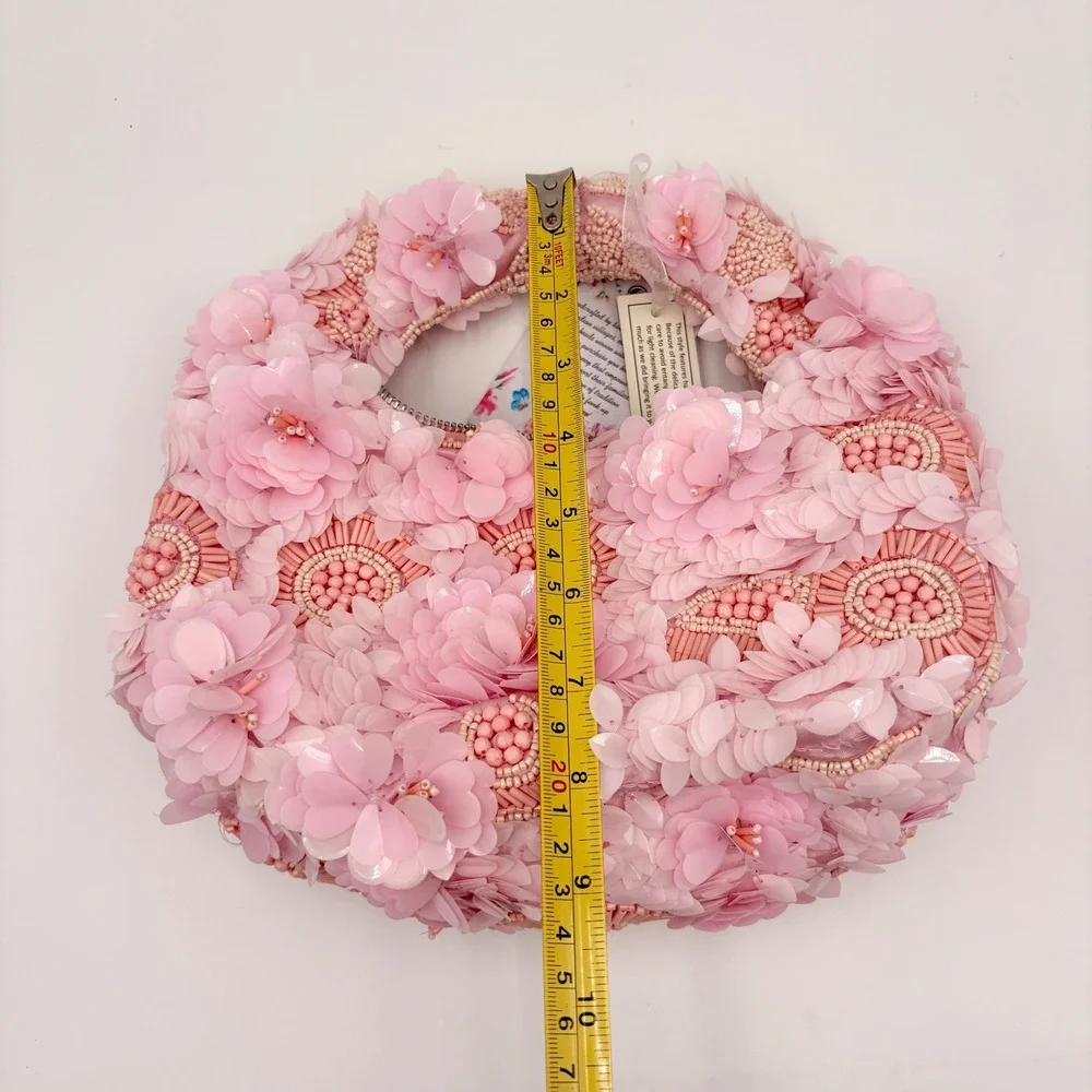 Handcrafted in India Pink 3D Sequin Flower Beaded Hobo Bag Evening Top Handle